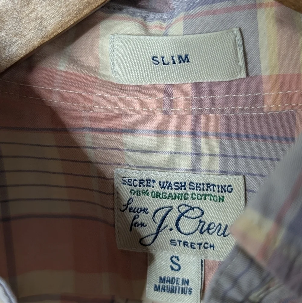 J. Crew Mens Shirt Plaid Secret Wash Slim Organic Cotton Size Small Pink Purple